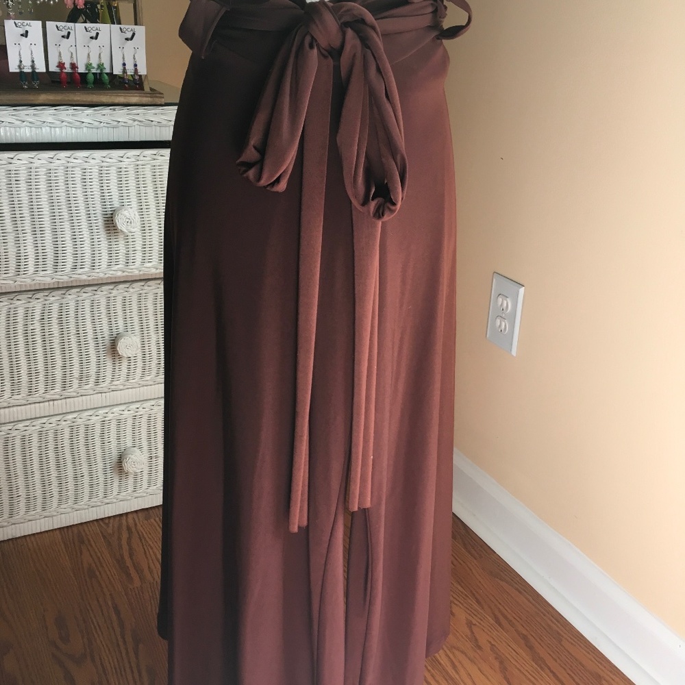 Brown poly spandex pants with tie sash.